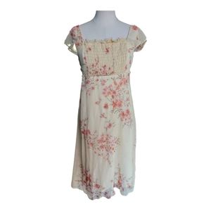 Just Sarah Cream Pink Floral Midi Dress Cap Sleeve Empire Waist Sz 14